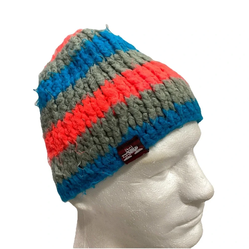 Spacecraft Neon Pink & Blue Stripe Fuzzy Yarn Chunky Knit Ski Beanie Unisex OSFA